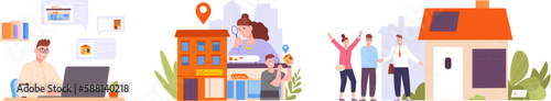 People find property. Studying real estate market, rental broker looking apartment, couple search home city accommodation, woman buy rent house concept splendid vector illustration