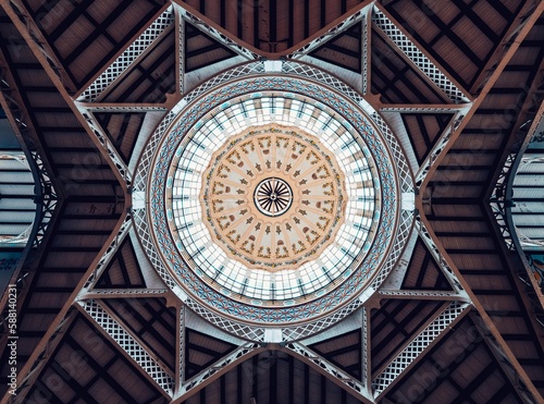 Valencia, Spain: symmetrical roof decoration of the vintage market hall 
