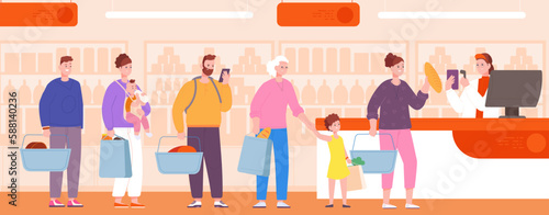 Line at counter supermarket. Customers lined-up queue cashier checkout grocery store, register cash food shop, convenience shopping happy client crowd, splendid vector illustration