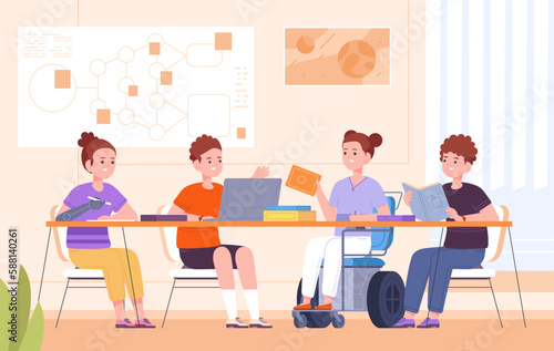 Inclusive school friends. University children communication, pupil in wheelchair at table of craft groups study with kids teamwork, splendid vector illustration