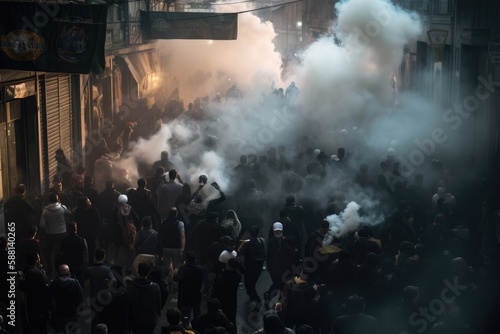 Officers are dressed in riot gear and are using shields and batons to push back the protesters. The scene is chaotic, with smoke and debris filling the air Generative AI © ChaoticMind