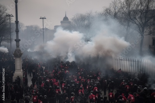 Officers are dressed in riot gear and are using shields and batons to push back the protesters. The scene is chaotic, with smoke and debris filling the air Generative AI