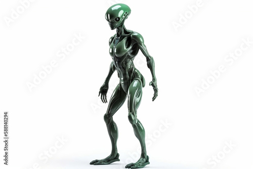 Metallic green alien standing, generative ai © S