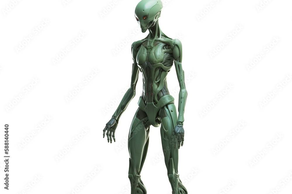 Green alien standing on a white background, generative ai