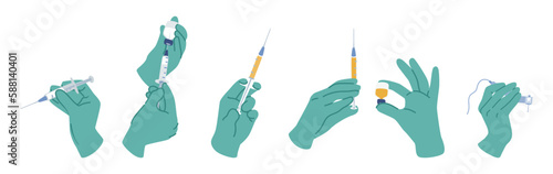 Set of Hands in Rubber Gloves Holding Syringes Filled With Liquid. Medical Icons For Vaccinations, Blood Draws