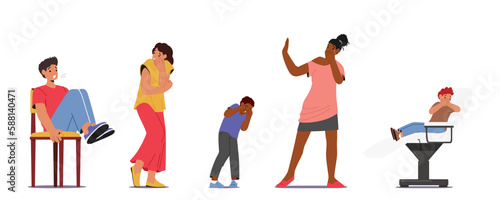 Set of Kid and Adult Characters Experience Phobia Of Injections, Displaying Anxiety And Fear Isolated on White