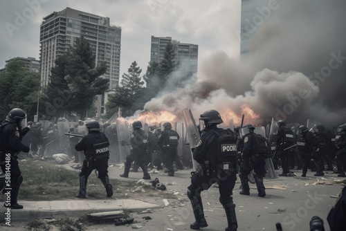 Officers are dressed in riot gear and are using shields and batons to push back the protesters. The scene is chaotic, with smoke and debris filling the air Generative AI © ChaoticMind