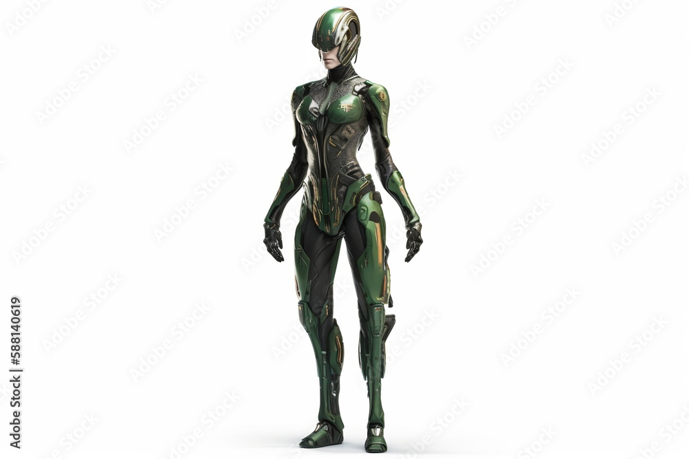 Alien in sci-fi green futuristic armor, white background, generative ai
