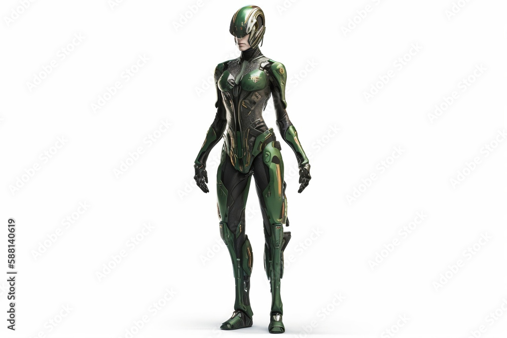Alien in sci-fi green futuristic armor, white background, generative ai Alien in sci-fi green futuristic armor, white background, generative ai