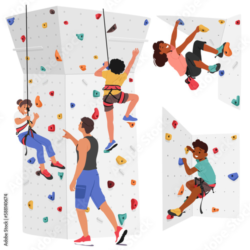 Set of Children Characters Scale A Climbing Wall With Help Of Their Trainer. Concept of Thrill Of Outdoor Adventure