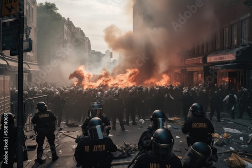 Officers are dressed in riot gear and are using shields and batons to push back the protesters. The scene is chaotic, with smoke and debris filling the air Generative AI 