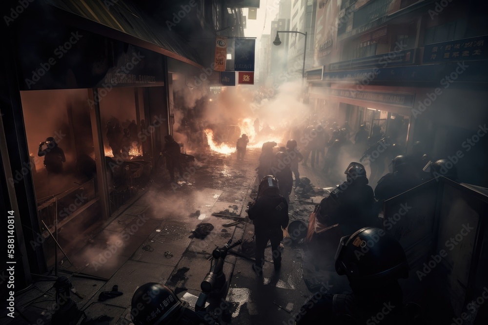 Officers are dressed in riot gear and are using shields and batons to push back the protesters. The scene is chaotic, with smoke and debris filling the air Generative AI
