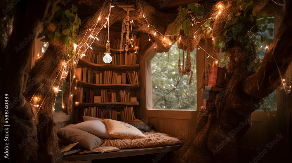 Cozy Treehouse Interior with Bookshelves, Lights, and a Bed, generative ai