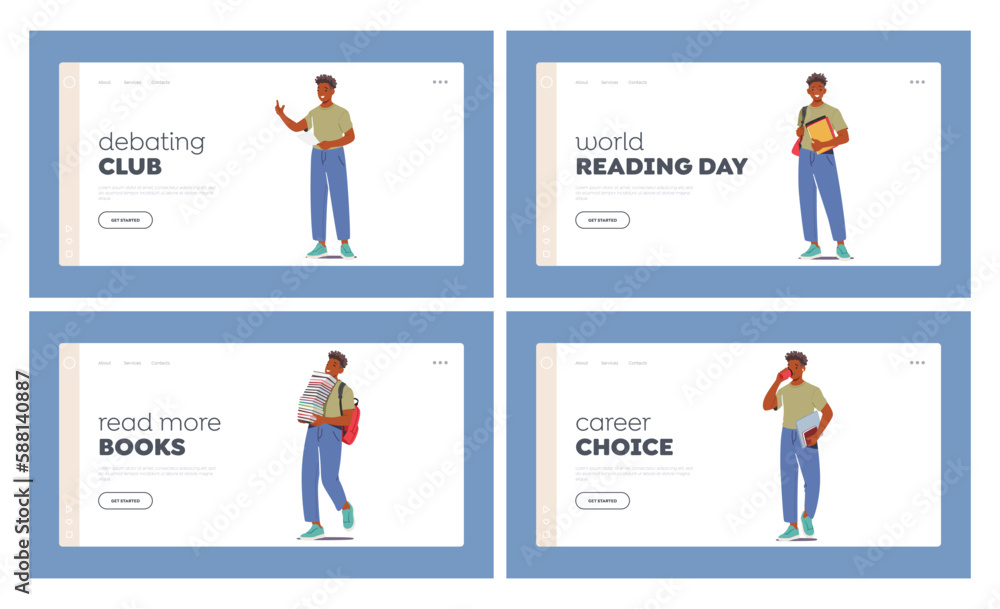 Student Lifestyle Landing Page Template Set. Boy With Backpack And Books in Different Poses and Motion Walk, Stand, Run Student Lifestyle Landing Page Template Set. Boy With Backpack And Books in Different Poses and Motion Walk, Stand, Run