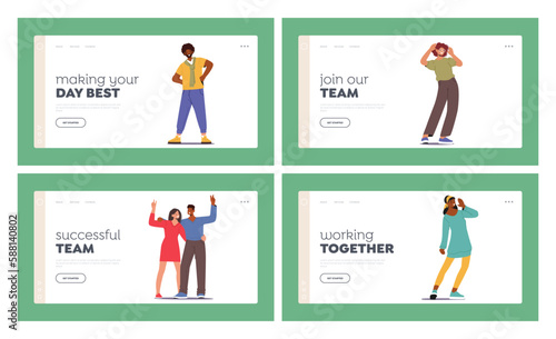 Joyous People Landing Page Template Set. Characters with Faces Beaming With Happiness And Excitement Vector Illustration