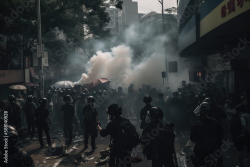 Officers are dressed in riot gear and are using shields and batons to push back the protesters. The scene is chaotic, with smoke and debris filling the air Generative AI  © ChaoticMind