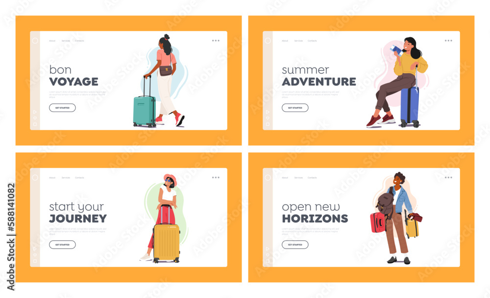 Women Travel Landing Page Template Set. Female Characters with Suitcases And Bags Heading Towards The Airport