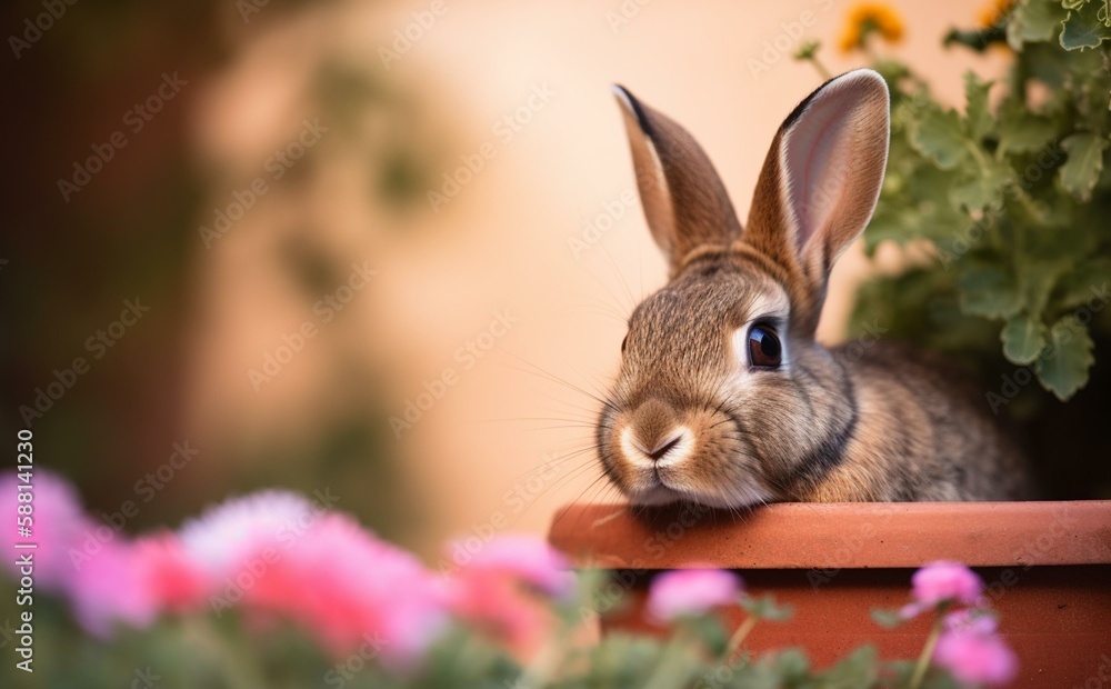 The rabbit peeking out from a pink flower pot with flowers in bloom Generative AI