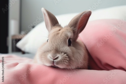 The rabbit sitting on a pink pillow with a pink blanket wrapped around it Generative AI