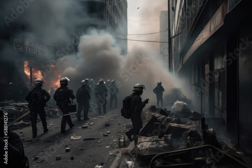 Officers are dressed in riot gear and are using shields and batons to push back the protesters, who are holding signs and throwing objects. The scene is chaotic, with smoke and debris filling the air 