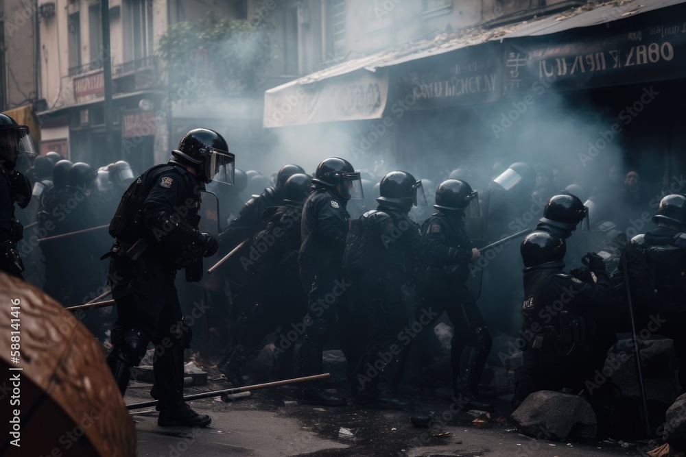 Officers are dressed in riot gear and are using shields and batons to push back the protesters, who are holding signs and throwing objects. The scene is chaotic, with smoke and debris filling the air Officers are dressed in riot gear and are using shields and batons to push back the protesters, who are holding signs and throwing objects. The scene is chaotic, with smoke and debris filling the air