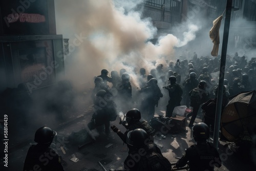 Officers are dressed in riot gear and are using shields and batons to push back the protesters, who are holding signs and throwing objects. The scene is chaotic, with smoke and debris filling the air  © ChaoticMind