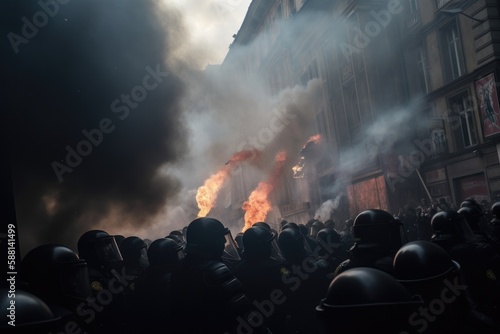 Officers are dressed in riot gear and are using shields and batons to push back the protesters, who are holding signs and throwing objects. The scene is chaotic, with smoke and debris filling the air 