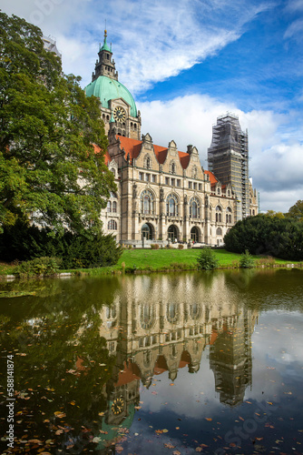 Hannover, Germany - October 14, 2022. Hannover's Neues Rathaus is the city's town hall. The eclectic castle-like building was completed in 1913.