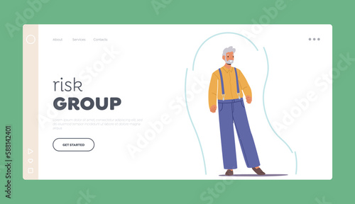 Risk Group Landing Page Template. Senior Man Inside of Strong Immunity Shield, Robust Health And Secure Immune System