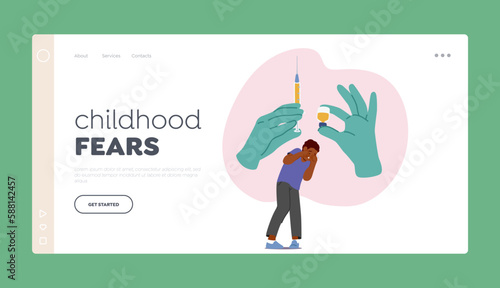 Childhood Fears Landing Page Template. Little Boy With Apprehensive Expression While Receiving Injection