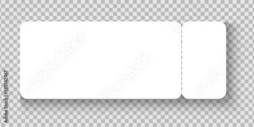 Empty white ticket mockup. Paper entry ticket for movie, airplane, concert, party, museum, festival, theater, exhibition isolated on transparent background. Vector realistic illustration
