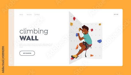 Climbing Wall Landing Page Template. Child Conquering A Climbing Wall With Determination And Skill Vector Illustration