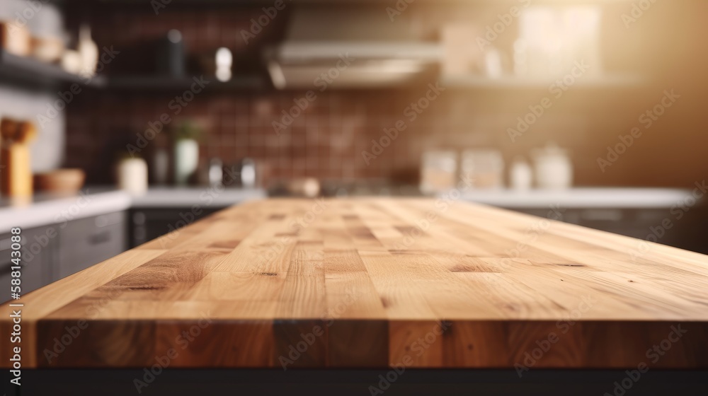 Empty wooden tabletop with blurred kitchen background and copy space Empty wooden tabletop with blurred kitchen background and copy space