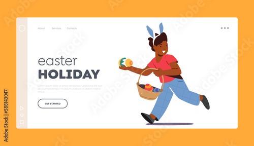 Easter Holiday Landing Page Template. Little Boy Wearing Rabbit Ears Run with Basket Full Of Colorful Easter Eggs