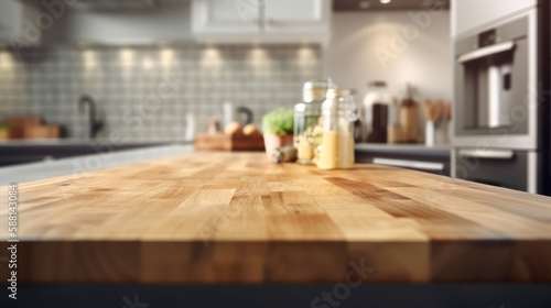 Empty wooden tabletop with blurred kitchen background and copy space