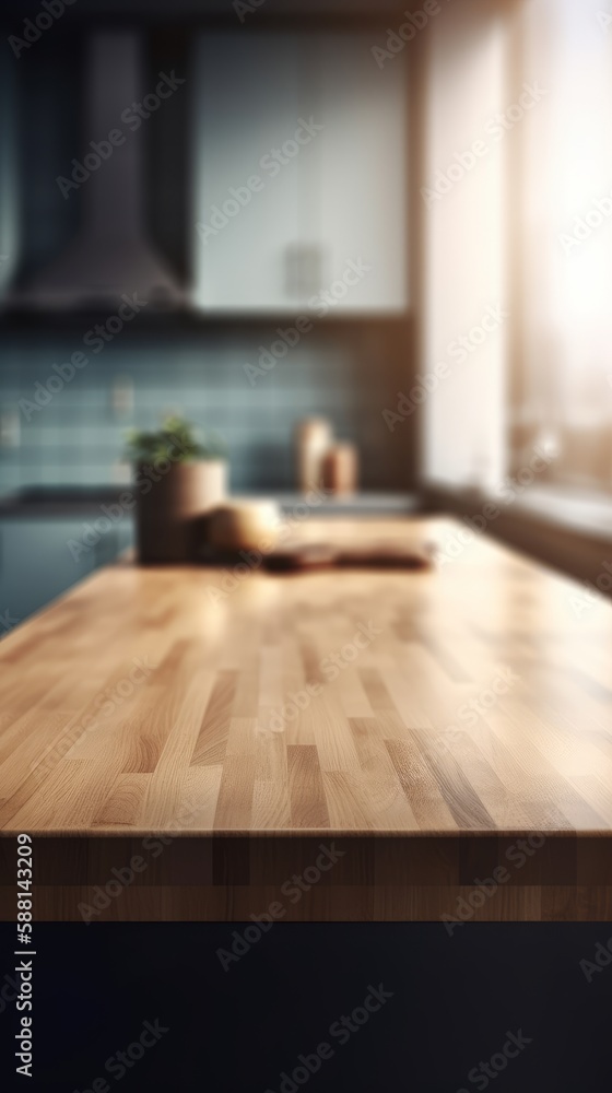 Empty wooden tabletop with blurred kitchen background and copy space Empty wooden tabletop with blurred kitchen background and copy space