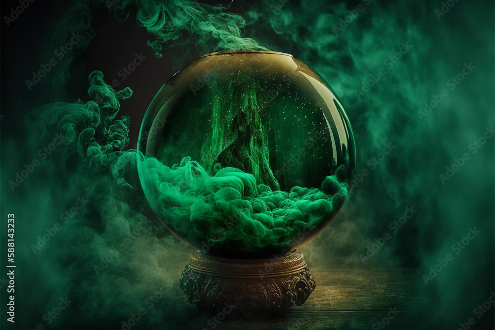 ball of the sorceress for predictions. green mist. ai generated - obrazy, fototapety, plakaty 