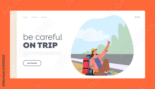 f Freedom, Outdoor, Travel Landing Page Template. Female Character Hitchhiker Sitting with Backpack By The Roadside