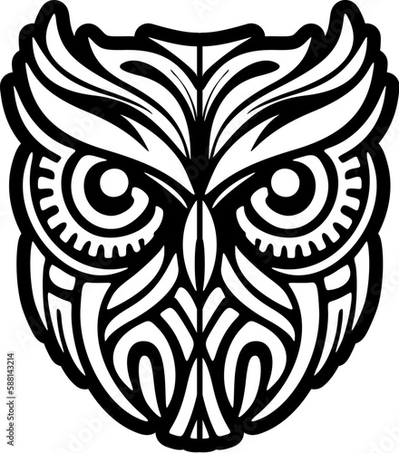 ﻿A tattoo design of an owl with black and white patterning inspired by Polynesian art.