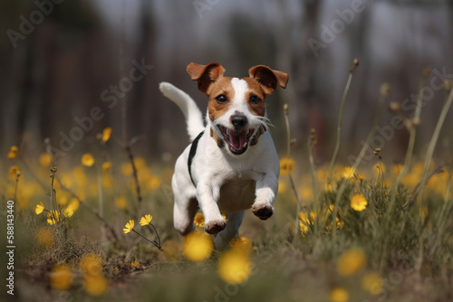 Cute little dog Jack Russell Running in beautiful green meadow with yellow flowers is happily running towards camera, created with Generative AI