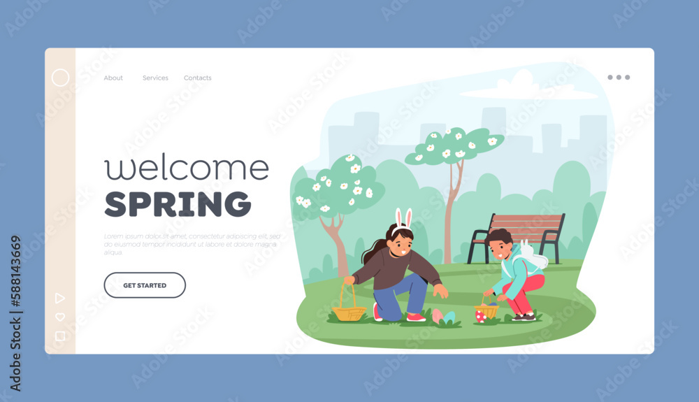 Annual Easter Egg Hunt Landing Page Template. Children Excitedly Scour A Park For Eggs with Basket In Hands