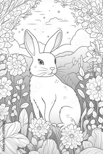 Coloring page outline of cartoon cute little bunny. Coloring book for kids. Generative AI