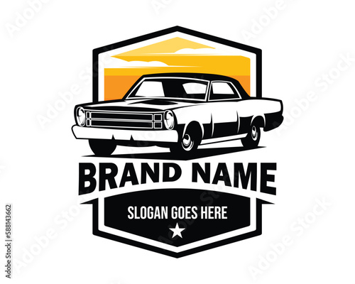 american car logo premium vector design isolated on white background showing with side view of sunset. Best for badges  emblems  icons  design stickers  classic car industry. available in eps 10.