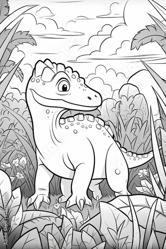 Coloring book for kids with a dinosaur hand-painted in cartoon style, tyrannosaurus. Generative AI © GMZ