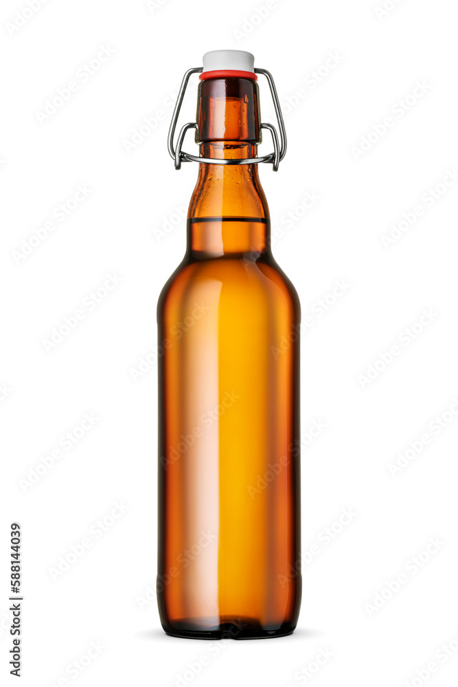 Brown beer bottle golden crown cap isolated on white background. Brown beer bottle golden crown cap isolated on white background.