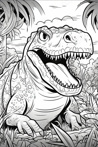Coloring book for kids with a dinosaur hand-painted in cartoon style  tyrannosaurus. Generative AI