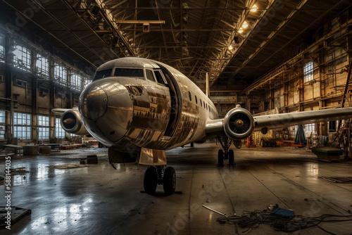 rusty and old aircraft in the hangar. aircraft recycling. ai generated