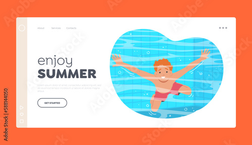 Joys Of Summertime Landing Page Template. Young Child Character Splashing In A Sparkling Swimming Pool