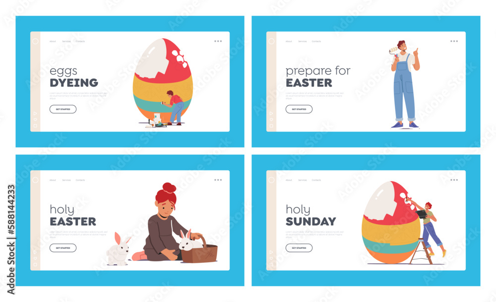 Happy Family Prepare for Easter Celebration Landing Page Template Set. Tiny Parents and Children Girls and Boy Paint Egg