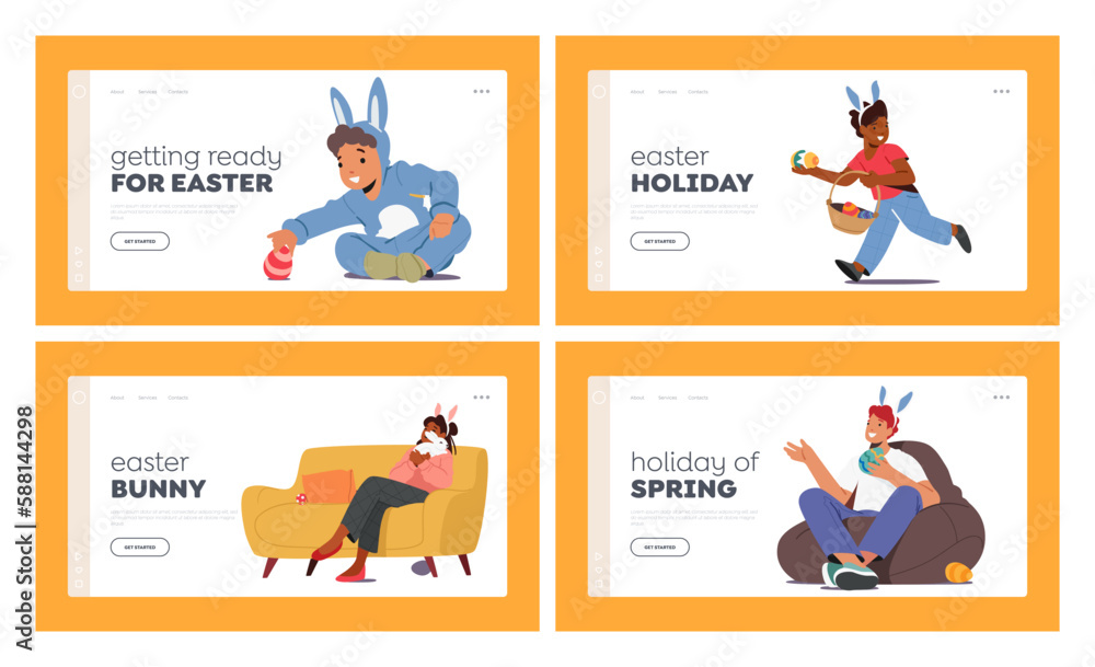 Happy Easter Landing Page Template Set. Characters Celebrate Easter, Enjoying Each Others Company